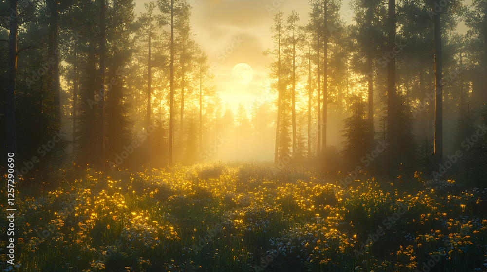 Obraz premium 3D Illustration - Golden Hour Forest Wildflowers Sunset Moonlit Meadow