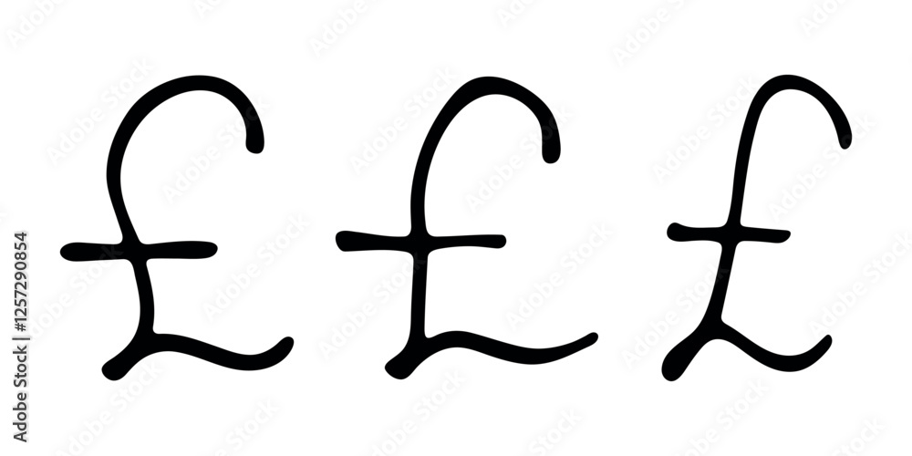 Hand drawn british pound currency symbol set Brush stroke doodle Single element for design