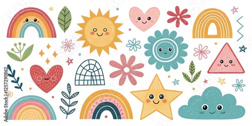 Cute illustrated rainbows, hearts, and smiling suns with whimsical patterns and colors