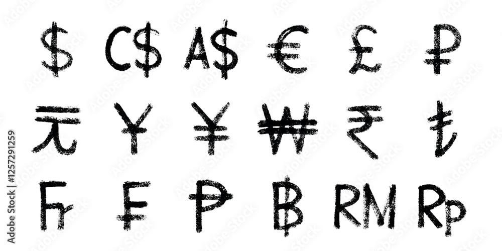 Hand drawn currency symbol set Dollar euro pound ruble yuan yen won rupee lira franc peseta baht ringgit rupiah Hand drawn currency symbol set Dollar euro pound ruble yuan yen won rupee lira franc peseta baht ringgit rupiah