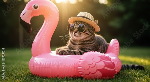 Cat relaxing in inflatable flamingo float with hat and sunglasses in sunny garden photo