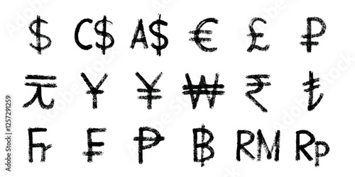 Hand drawn currency symbol set Dollar euro pound ruble yuan yen won rupee lira franc peseta baht ringgit rupiah