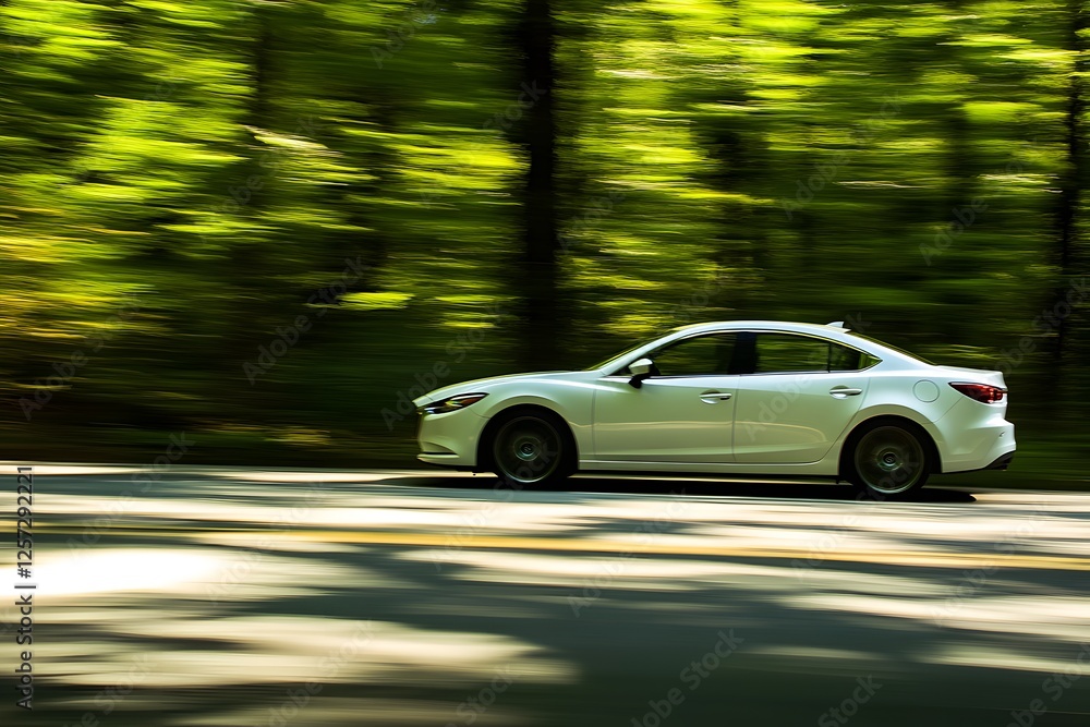 Fototapeta premium White car moving fast on country road, blurred trees