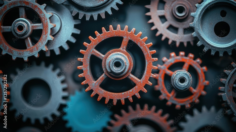 Close up view of a group of interlocking gears showing intricate mechanical details and textures Close up view of a group of interlocking gears showing intricate mechanical details and textures