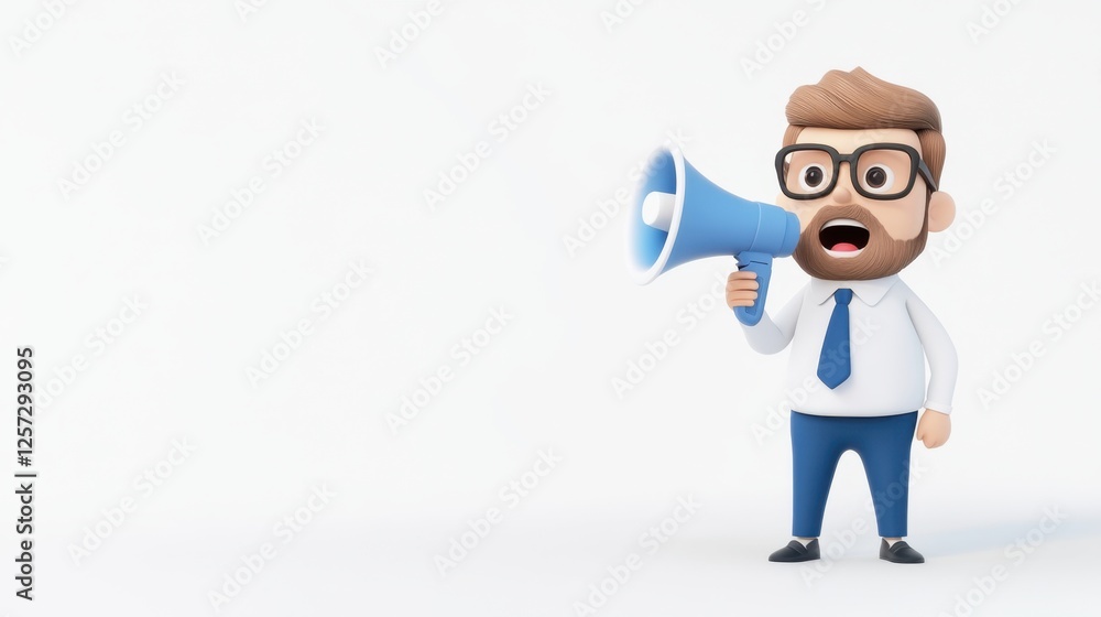A cartoon character in a suit passionately speaks into a megaphone, conveying a message with enthusiasm against a plain background. A cartoon character in a suit passionately speaks into a megaphone, conveying a message with enthusiasm against a plain background.