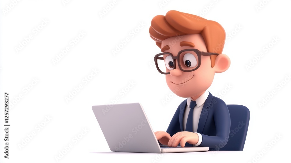 A cheerful cartoon character in a suit typing on a laptop, embodying the spirit of modern work and technology. A cheerful cartoon character in a suit typing on a laptop, embodying the spirit of modern work and technology.