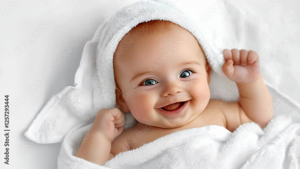 The baby is wrapped in a white terry towel. The baby is lying on a white surface. The baby is wrapped in a white terry towel. The baby is lying on a white surface.