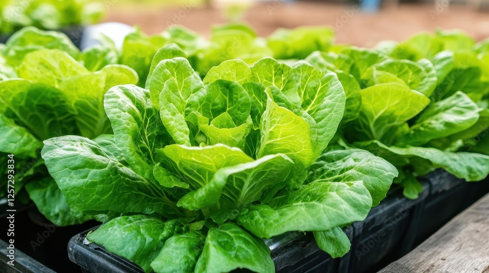 Fresh Green Lettuce Growing in Farm Containers with Vibrant Leaves and Organic Farming Background Fresh Green Lettuce Growing in Farm Containers with Vibrant Leaves and Organic Farming Background