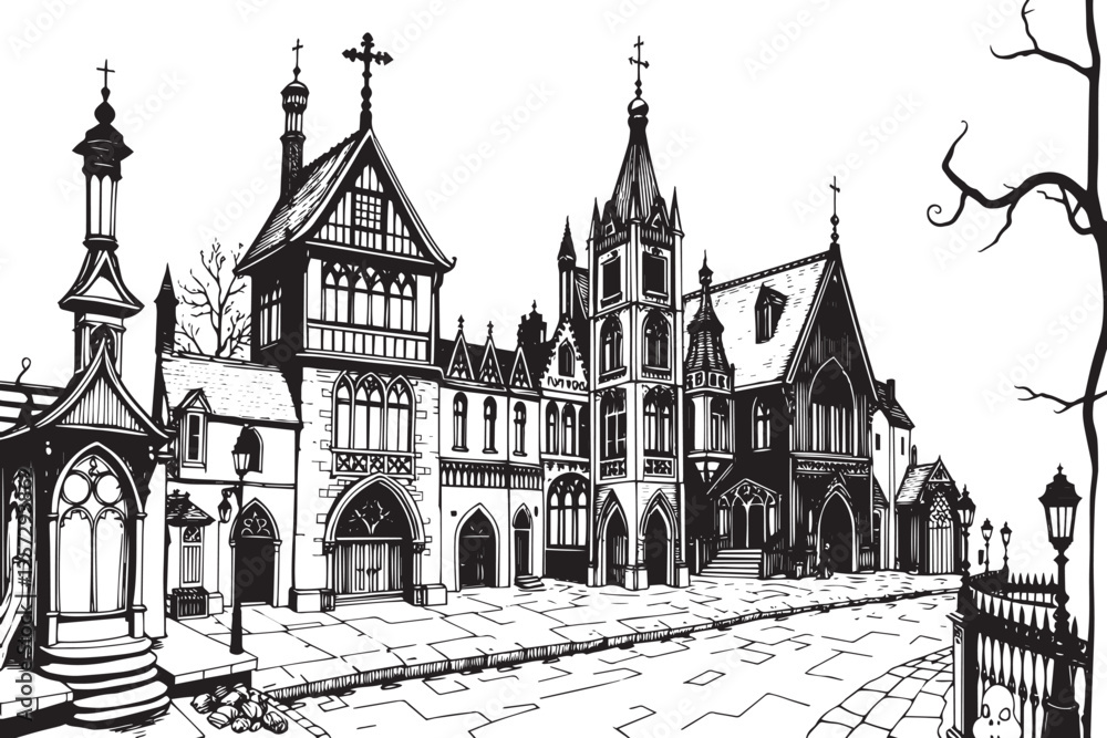 Obraz premium Gothic City landscape. Line urban backdrop. Different buildings on street, outline cityscape hand sketch, flat houses. Hand drawn vector illustration