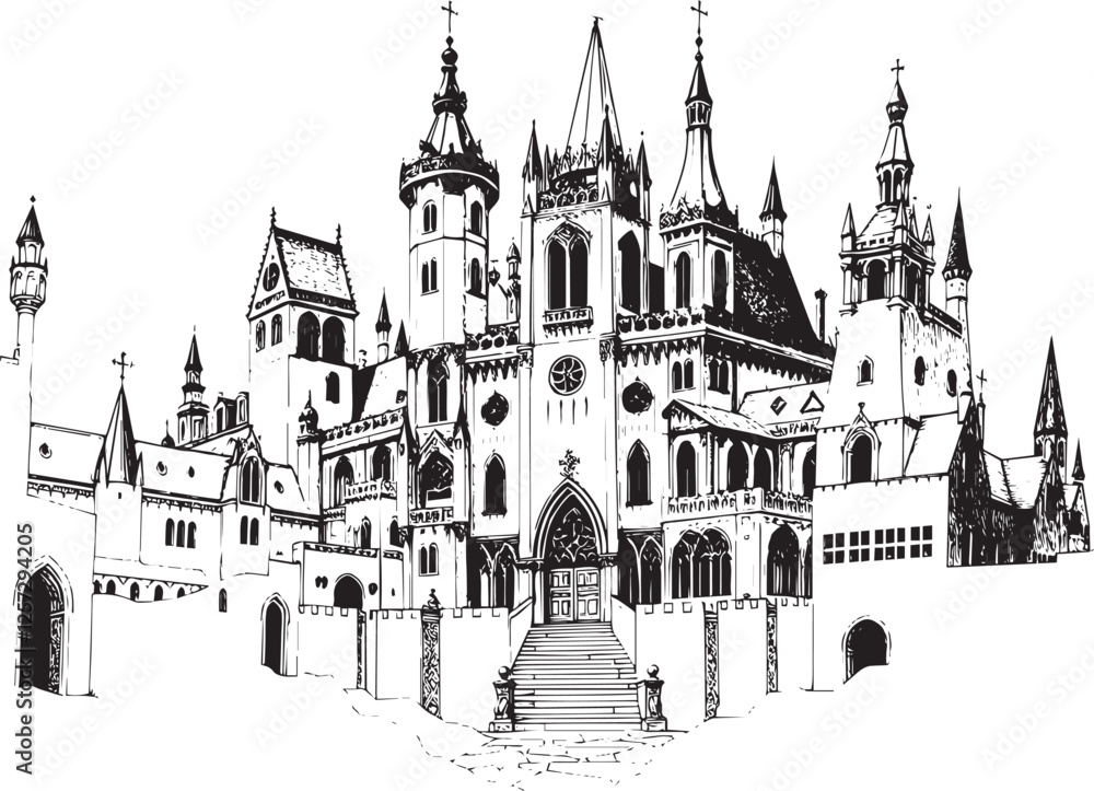Fototapeta premium Gothic City landscape. Line urban backdrop. Different buildings on street, outline cityscape hand sketch, flat houses. Hand drawn vector illustration