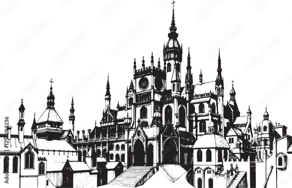 Naklejka premium Gothic City landscape. Line urban backdrop. Different buildings on street, outline cityscape hand sketch, flat houses. Hand drawn vector illustration