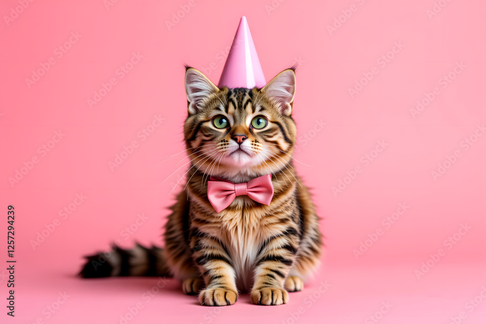 Creative Animal Concept: A Kitten in a Party Cone Hat and Bow Tie Outfit, Isolated on a Solid Pastel Background. Perfect for Birthday Party Invitations with Copy Text Space Included. Creative Animal Concept: A Kitten in a Party Cone Hat and Bow Tie Outfit, Isolated on a Solid Pastel Background. Perfect for Birthday Party Invitations with Copy Text Space Included.