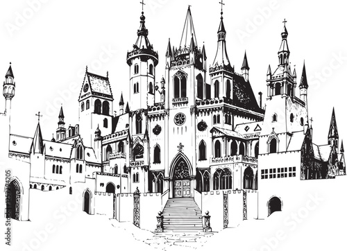 Gothic City landscape. Line urban backdrop. Different buildings on street, outline cityscape hand sketch, flat houses. Hand drawn vector illustration