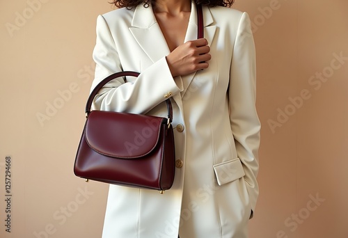 Dark Burgundy Leather Oval Handbag: Minimalist Design, Short Shoulder Strap, Woman Wearing White Blazer, Beige Tones, Fashion Photo, Focus on Handbag Details.

 photo