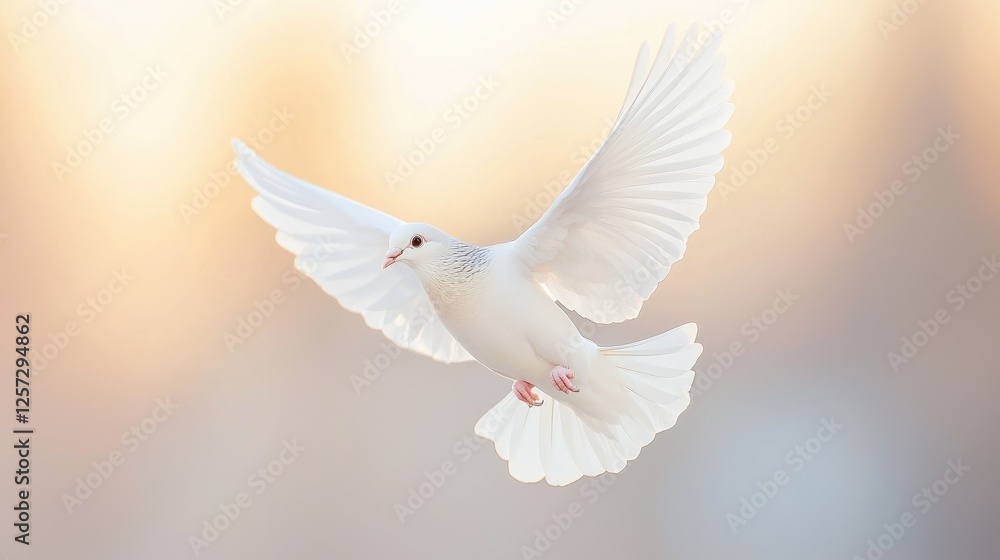 White dove in flight, soft light background, peaceful scene, nature photography White dove in flight, soft light background, peaceful scene, nature photography