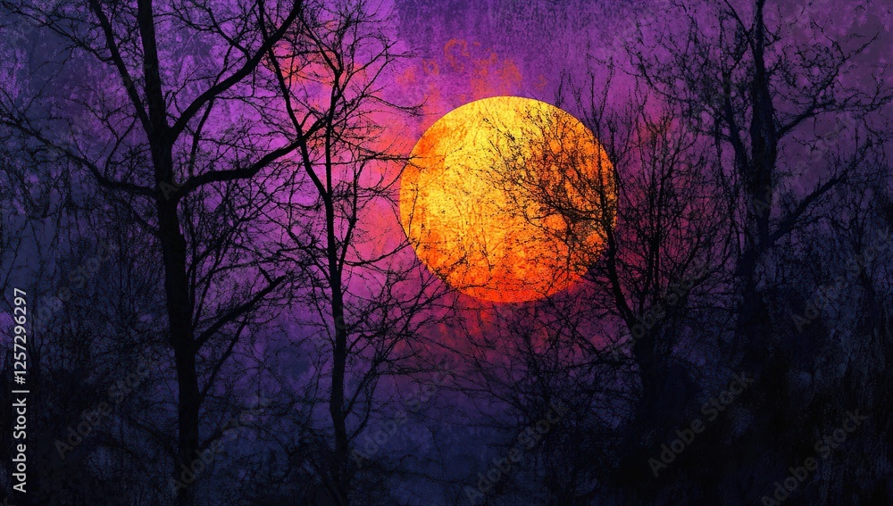 Silhouetted Trees Frame a Fiery Orange Moon at Dusk, Creating a Mystical Nighttime Landscape with Deep Purple Hues Silhouetted Trees Frame a Fiery Orange Moon at Dusk, Creating a Mystical Nighttime Landscape with Deep Purple Hues