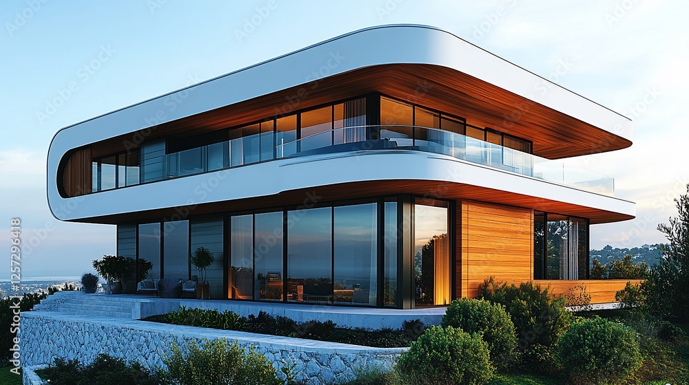 Modern architectural design of a luxurious seaside house with panoramic views at sunset Modern architectural design of a luxurious seaside house with panoramic views at sunset