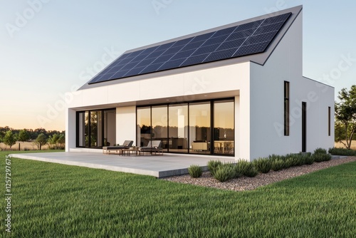 A modern, eco-friendly home featuring solar panels, large windows, and a spacious lawn, set against a serene landscape during sunset.