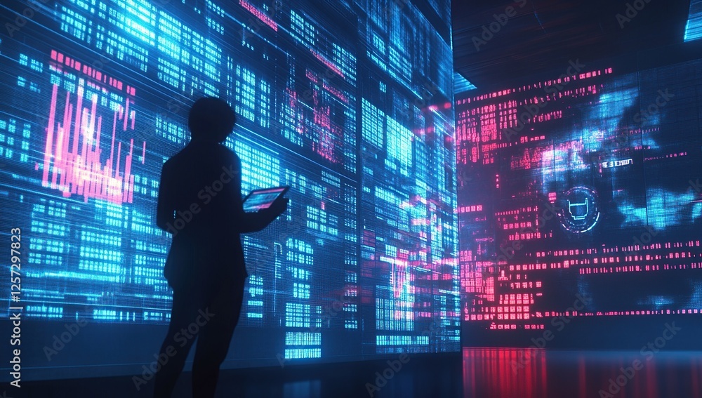 Analyst Reviews Data Streams on Futuristic Digital Walls, Exploring Complex Algorithms and Visualizing Information Patterns in Real-Time. Analyst Reviews Data Streams on Futuristic Digital Walls, Exploring Complex Algorithms and Visualizing Information Patterns in Real-Time.
