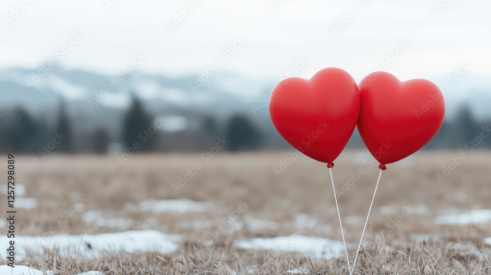 Fototapeta premium Two red heart-shaped balloons stand together in a dry winter field with snowy patches and mountains in the background.