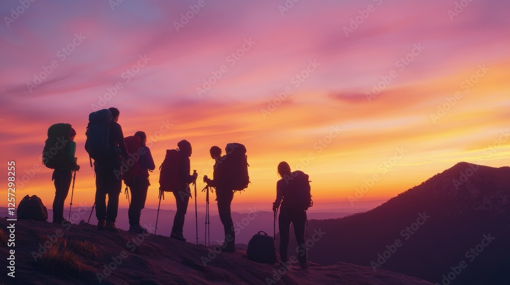 Hikers enjoy a breathtaking sunset view from a mountain peak after a long trek in nature Hikers enjoy a breathtaking sunset view from a mountain peak after a long trek in nature