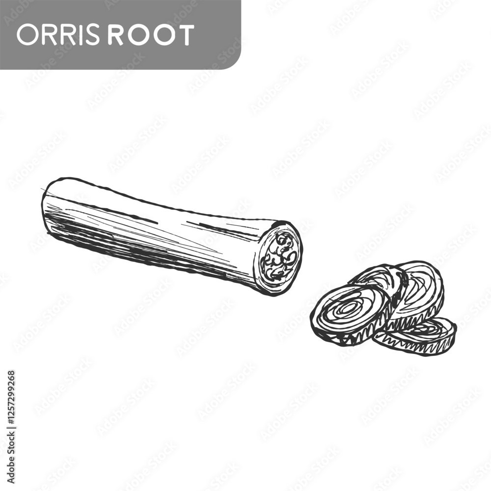 Orris root sketch. Iris florentina Botanical linear illustration. Iris germanica vector drawing. Rhizome of Iris pallida Orris root sketch. Iris florentina Botanical linear illustration. Iris germanica vector drawing. Rhizome of Iris pallida