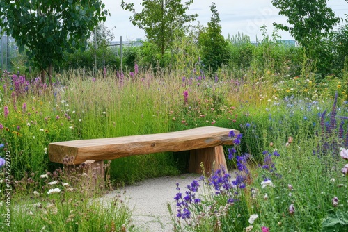 A charming wooden bench in botanical garden, surrounded by wildflowers and tall grass, creating peaceful resting spot photo