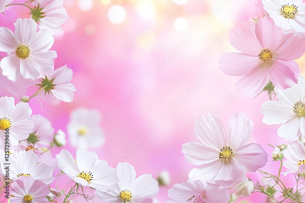 Pink cosmos flowers frame, bokeh background, floral design, greeting card Pink cosmos flowers frame, bokeh background, floral design, greeting card