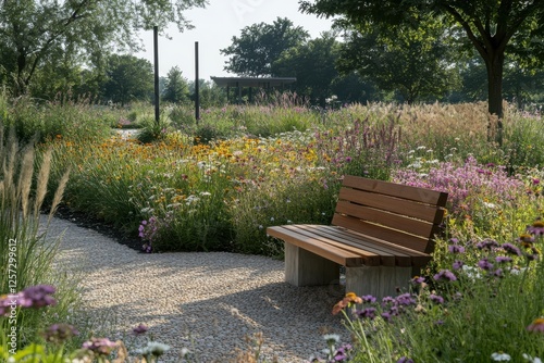 A charming wooden bench in botanical garden, surrounded by wildflowers and tall grass, creating peaceful resting spot photo