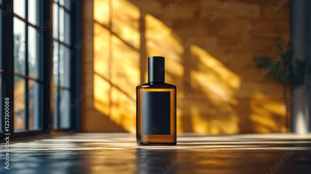 Amber Glass Perfume Bottle Mockup Sunlight Wooden Background Blank Label Amber Glass Perfume Bottle Mockup Sunlight Wooden Background Blank Label
