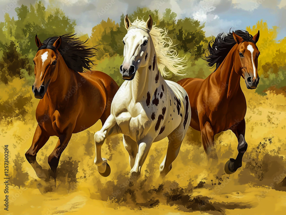 Obraz premium Three wild horses run through the desert two brown and one white with black spots.