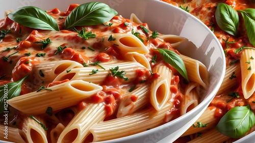 Pasta penne accompanied by sauce, mozzarella cheese, and roasted tomato. Background of grey stone
