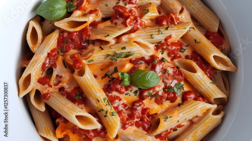 Penne alla Vodka pasta with a pink tomato cream sauce, set against a white background, from an Italian food collection
