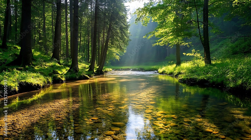 Obraz premium Sunlit Stream Winding Through a Lush Green Forest AI Generated