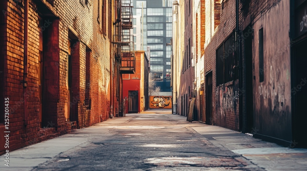 Fototapeta premium Urban Back Alley with Brick Buildings and a Distant Skyscraper