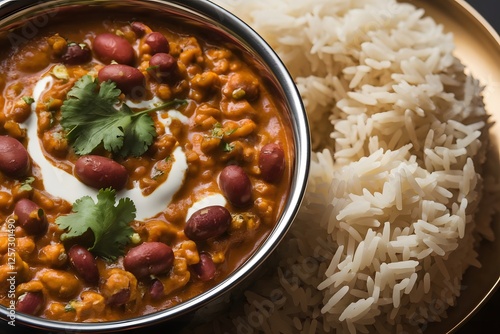 A bowl of rajma chawal with veggies on the side, on a white background