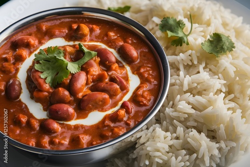 A bowl of rajma chawal with veggies on the side, on a white background