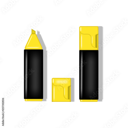 Yellow and black highlighters realistic 3d vector illustration isolated on white background, including uncapped and capped markers with a detached cap, office supplies and creative tool.