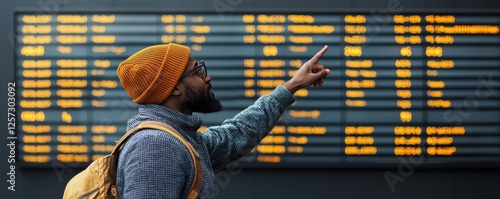 Man points at airport departure board, planning journey. Dressed casually with backpack and beanie, indicating a moment of travel anticipation and excitement. photo