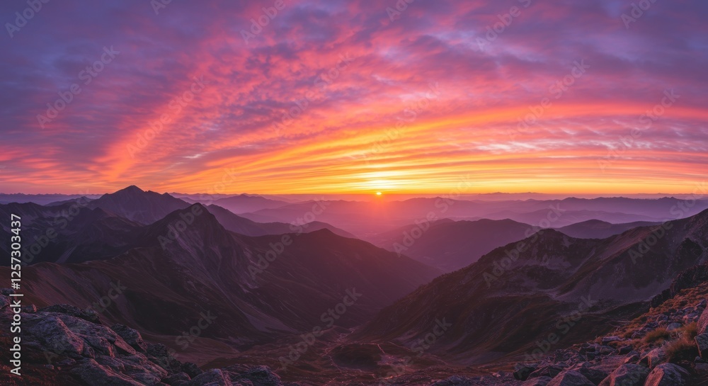 Naklejka premium Panoramic view of colourful sunrise in the mountains. 