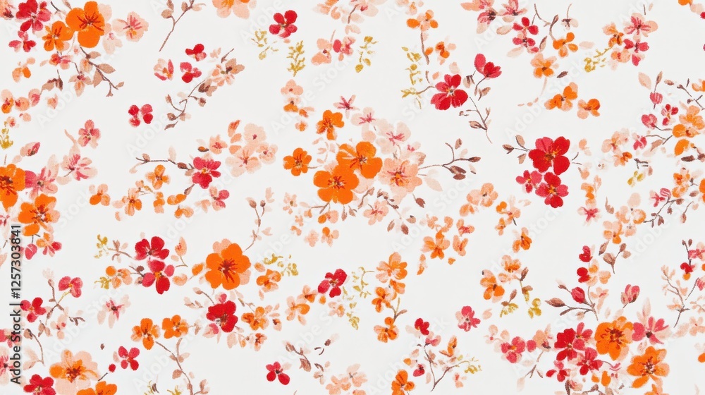 A delicate floral pattern with orange, red, and pink flowers on white background, resembling spring bouquet A delicate floral pattern with orange, red, and pink flowers on white background, resembling spring bouquet