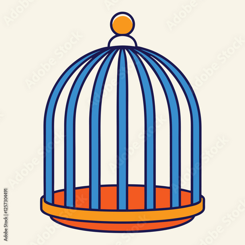 Colorful Birdcage Illustration with Blue Bars and Orange Base