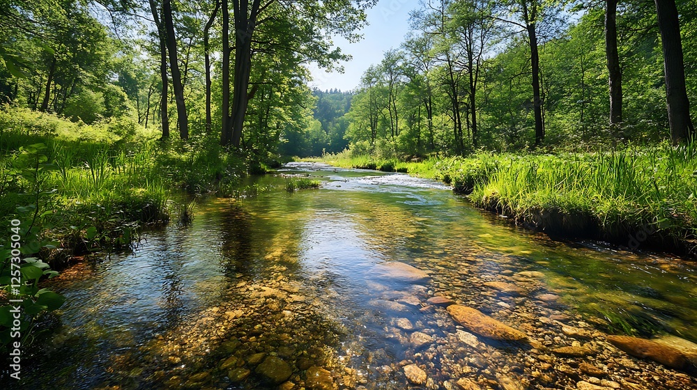 Serene Summer Stream: Sunlight Dappling a Forest Riverbed AI Generated Serene Summer Stream: Sunlight Dappling a Forest Riverbed AI Generated