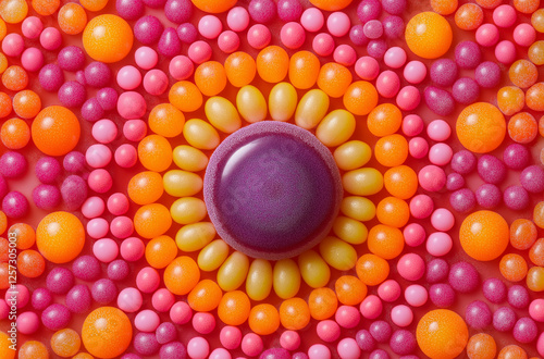 A kaleidoscopic pattern of colorful gummy candies forms an intricate mandala, with bright colors like orange and pink on the outside for contrast against a blue background