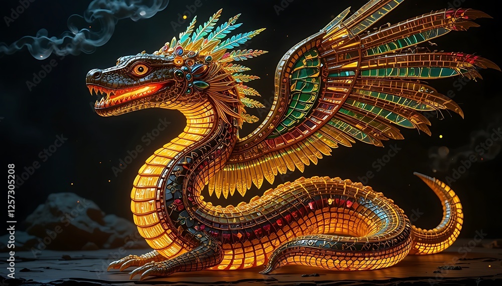 Fototapeta premium Glowing Gold Mayan Aztec Dragon Statue with Intricate Wings and Jewels