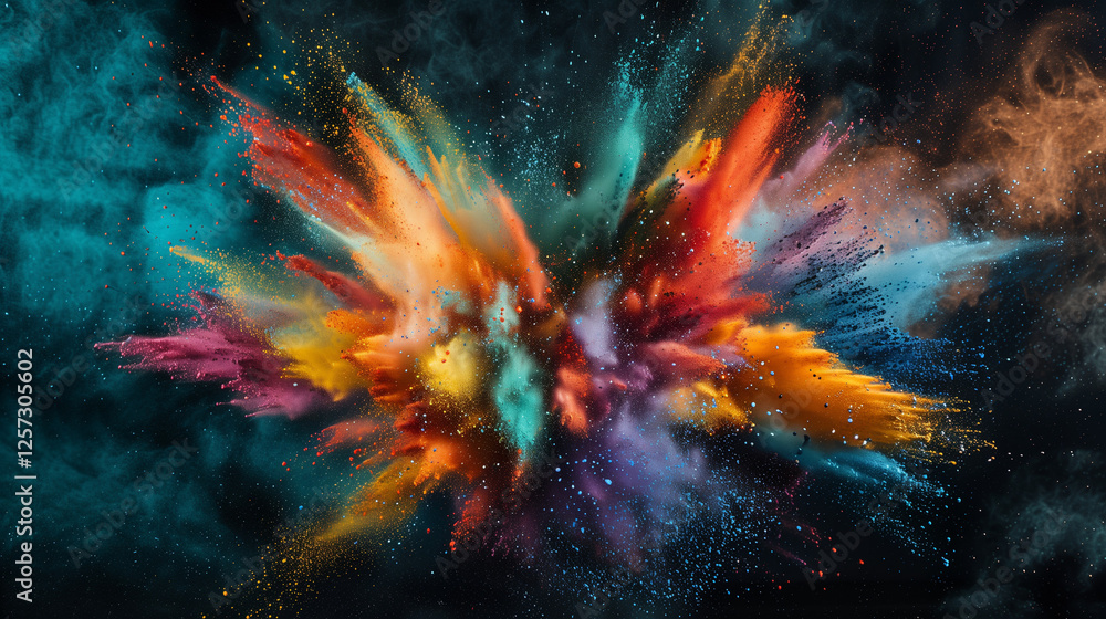 Obraz premium An explosion of vibrant colors as a group of friends throws bright powdered paint into the air, celebrating joy, resilience, and togetherness in a lively, colorful moment.