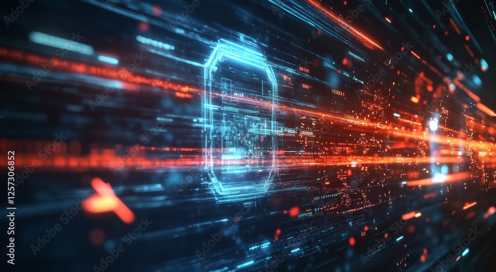 Obraz premium Digital security background with padlock icon on digital data stream in blurred motion