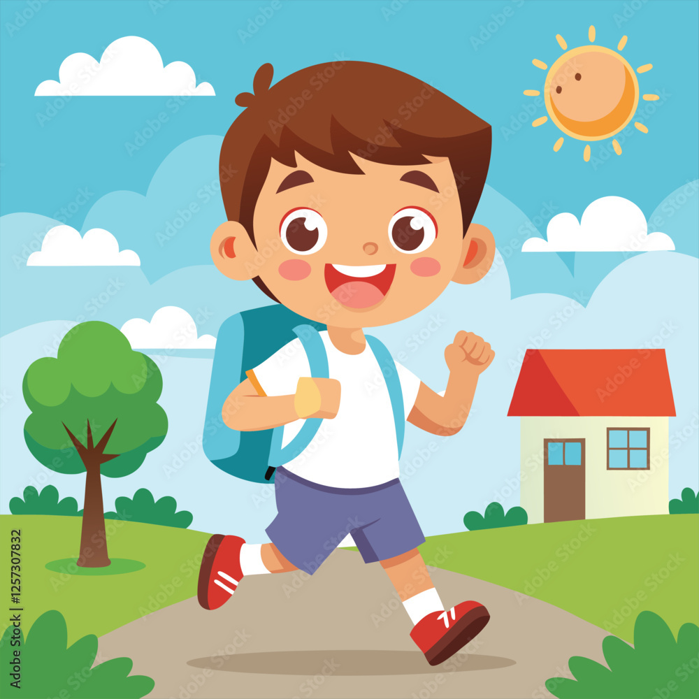 School Kid happily Going Their School Vector School Kid happily Going Their School Vector