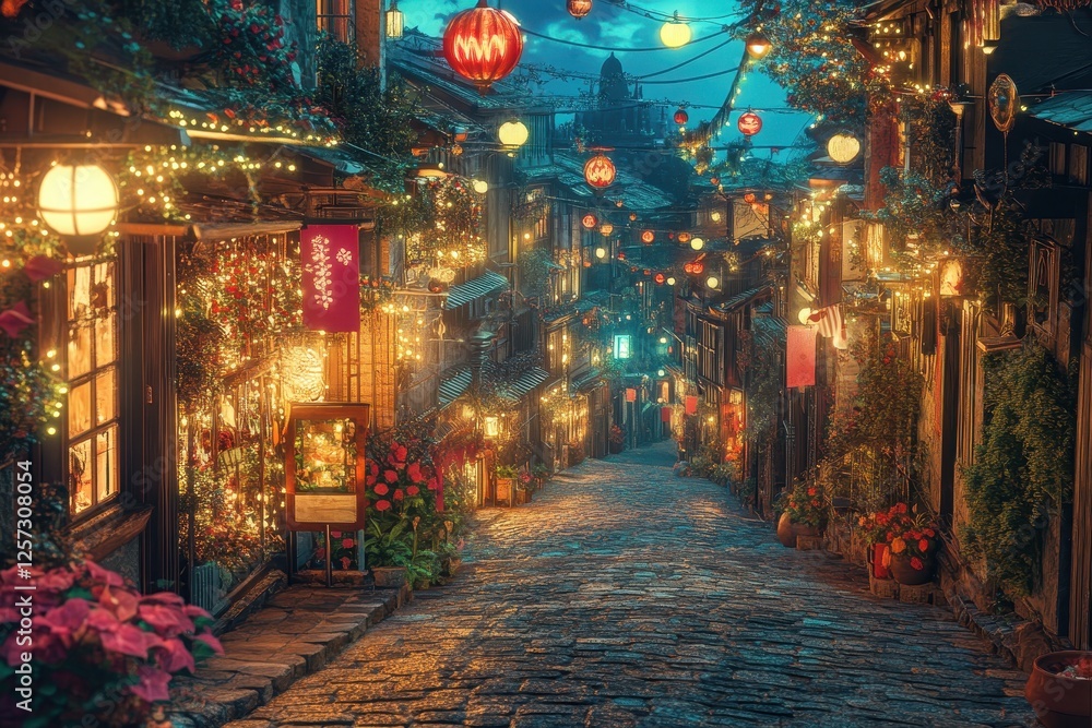 Fototapeta premium Serene Night Street Scene with Lanterns and Colorful Decorations