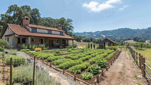 Serene countryside home surrounded by lush vegetable garden and scenic hills under clear sky